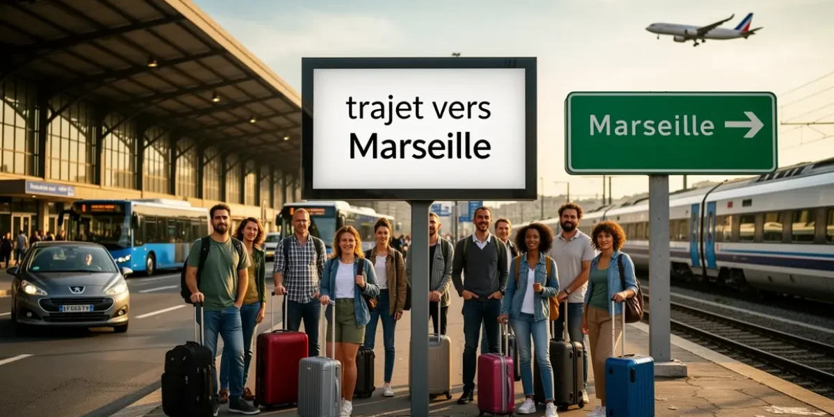 voyageurs valises devant gare et panneaux Marseille voitures bus train avion