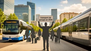 autocar train silhouettes bagages ville moderne transport de groupe 2026