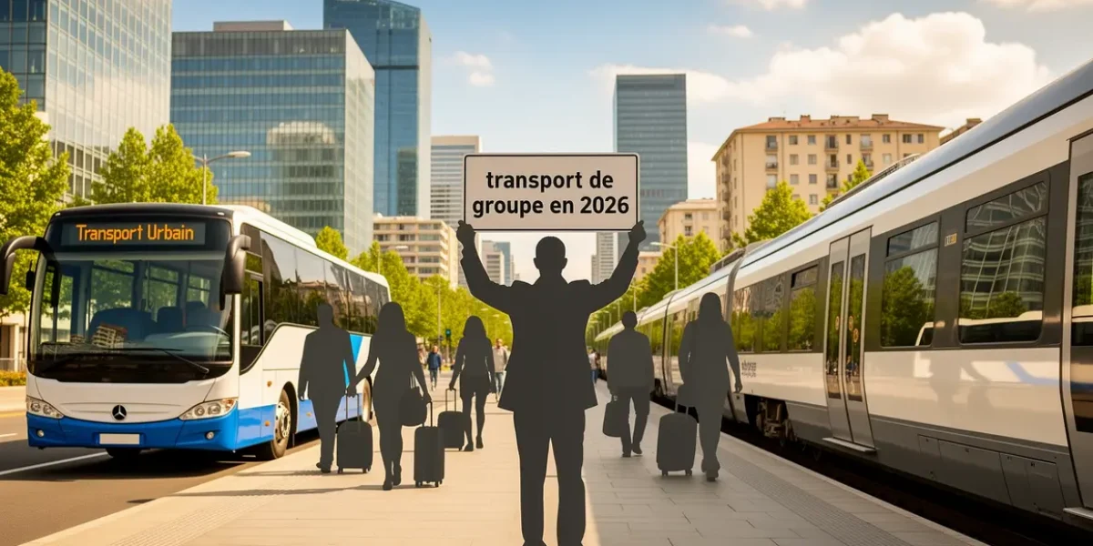 autocar train silhouettes bagages ville moderne transport de groupe 2026