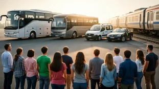 groupe personnes départ moyens transport collectif
