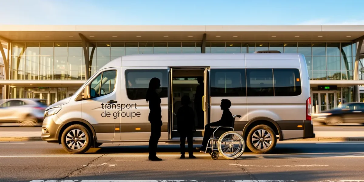 scène minibus transport de groupe devant gare