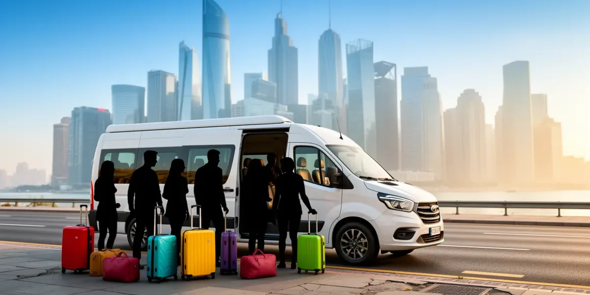 groupe monte dans un minibus devant une ville