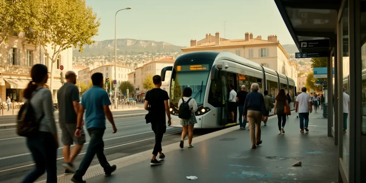 Transport de groupe à Aix Marseille, bus électrique, train, silhouettes urbaines