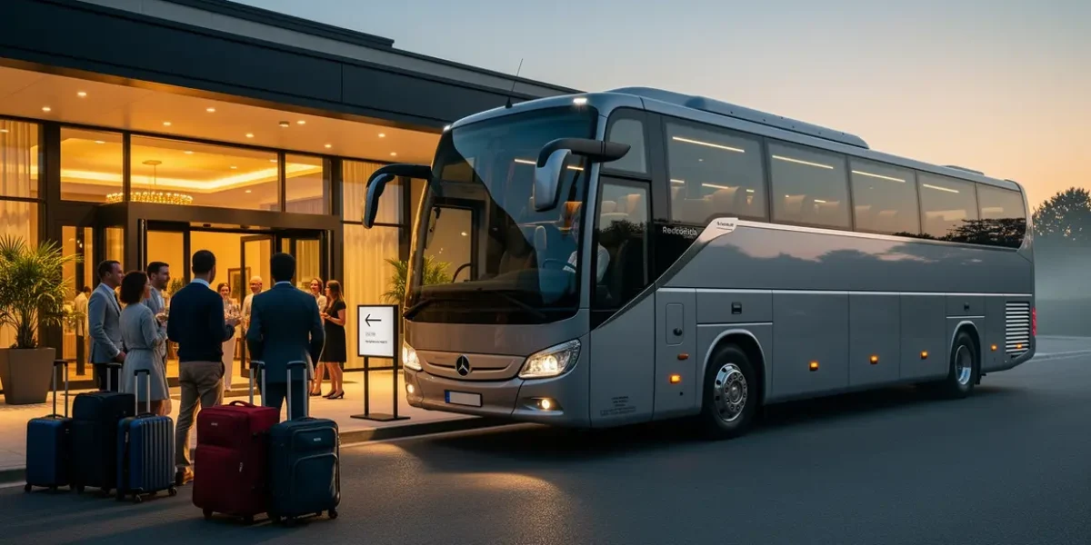 Autocar moderne transport de groupe devant reception