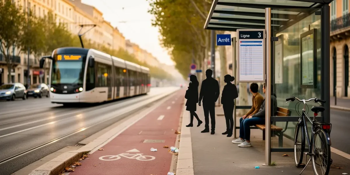 Scène transport local Aix-Marseille avec arrêt bus tram vélo optimisation temps