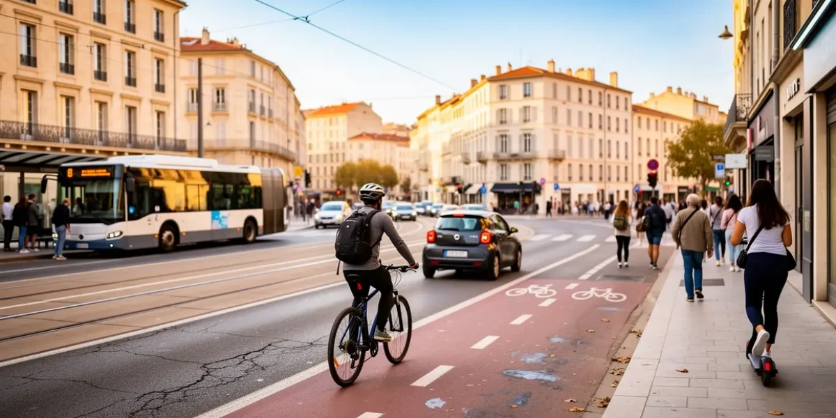 vue urbaine aix marseille transports locaux bus velo voiture marche trottinette conseils vigilance