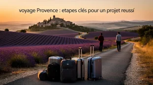 Paysage lavande Provence voyageur valises coucher soleil