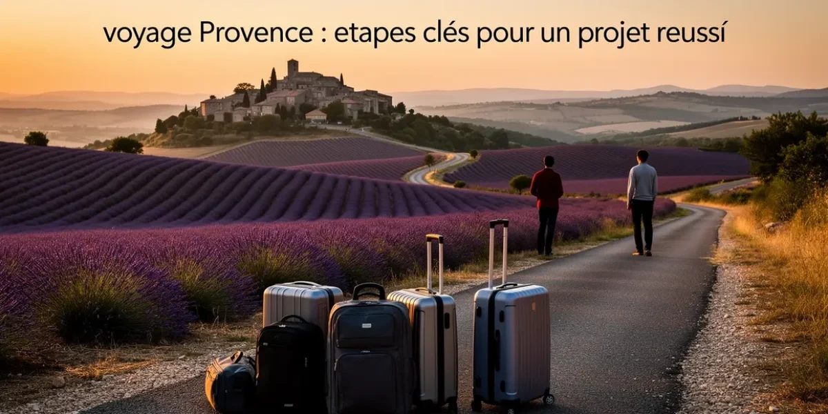 Paysage lavande Provence voyageur valises coucher soleil